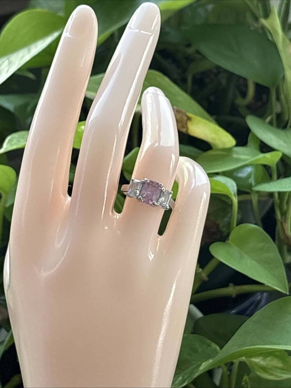 Emerald Cut Pink White CZ Three Stone Ring Past Present Future Sterling Size6.75 - Picture 3 of 13